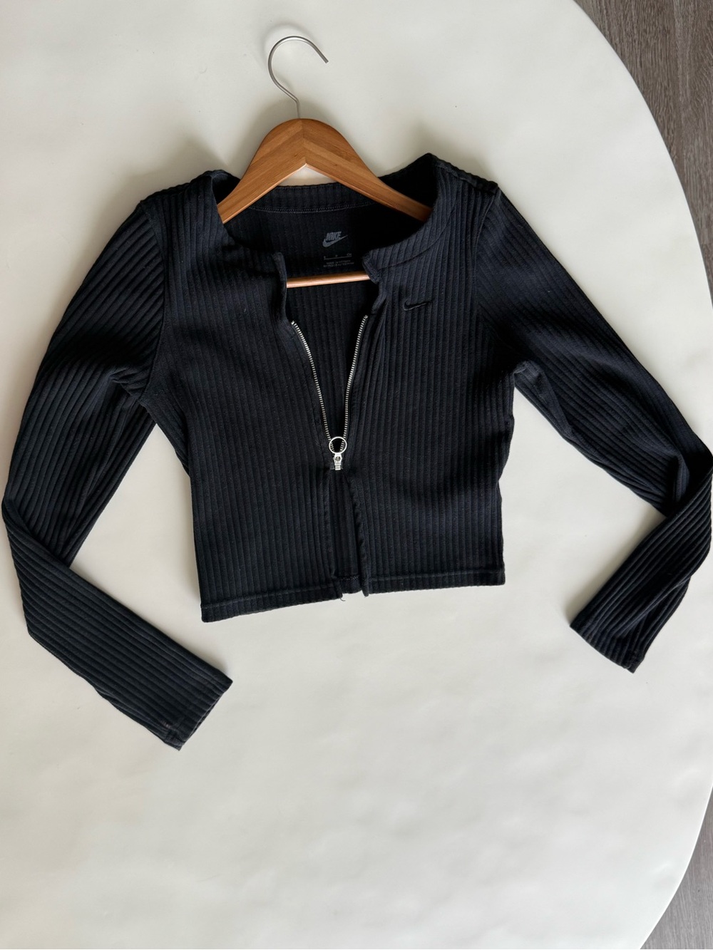 Nike Black Ribbed Long-Sleeve Zip Crop Top